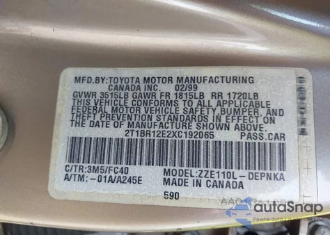 1999 Toyota Corolla Le z USA, uszkodzony, nr VIN 2T1BR12E2XC192065